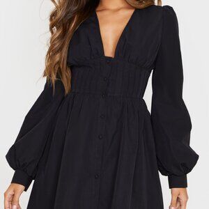 Pretty Little Thing Black Puff Sleeve Skater Dress Size 4 NEW